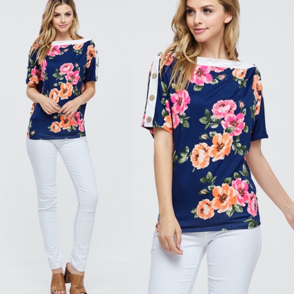 Boat Neck Button Dolman Sleeve Navy Floral Top!